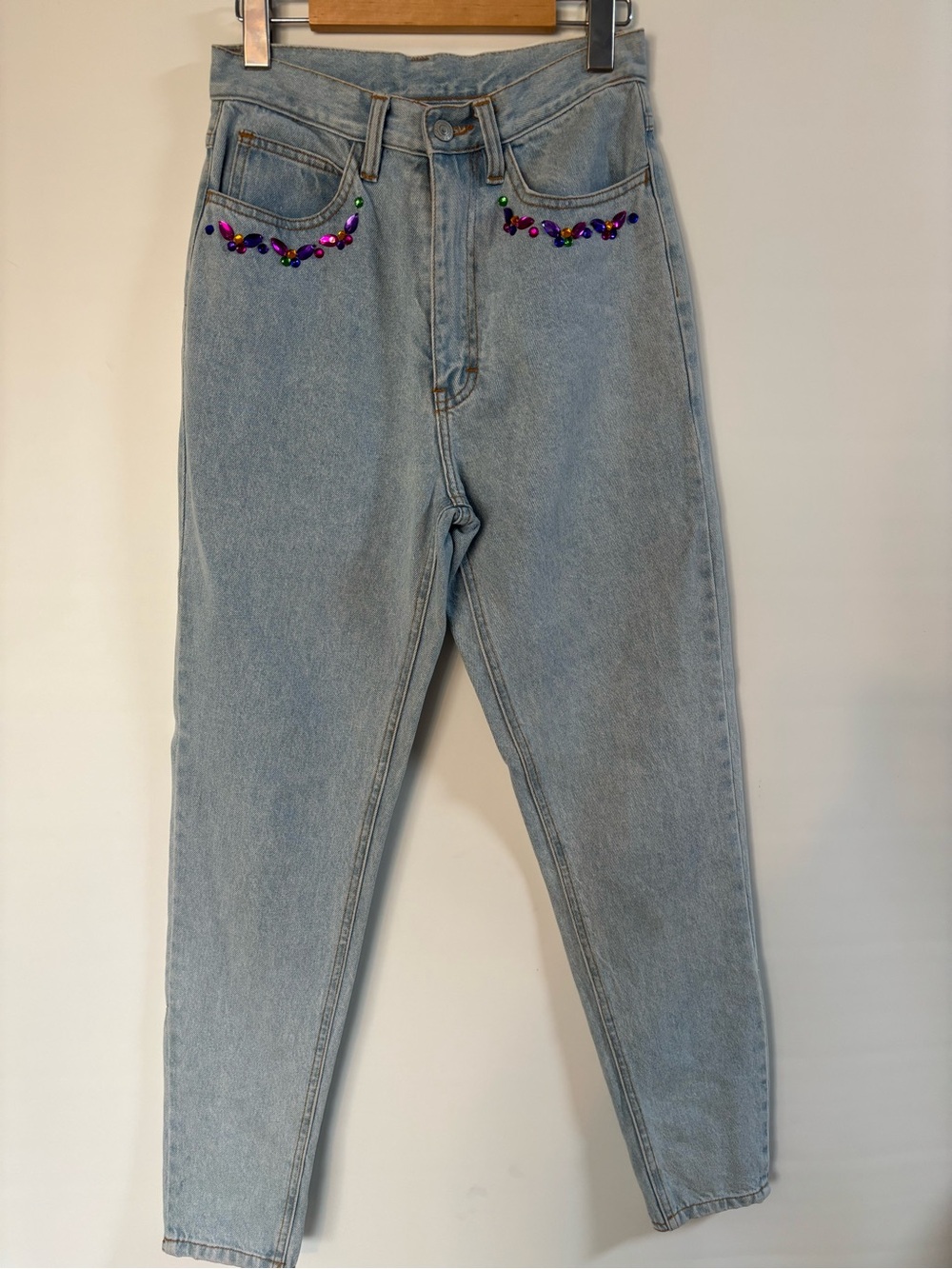 Vintage 1980s Jordache Light Blue High-Rise Jeans with Multicolor Sequin Accents